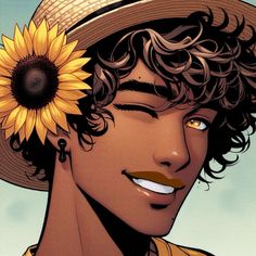 a close up of a person wearing a hat with a sunflower on his forehead