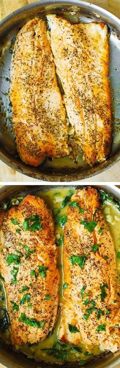 two pictures of fish in a pan with green sauce and parsley on the side