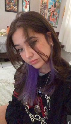 Violet Hair Underneath, Two Strands Of Hair Dyed Underneath, Brown Hair With Colorful Underneath, Purple And Brown Hair Aesthetic, Purple Hair Highlights Light Brown Hair, 2 Purple Streaks In Hair, Purple Under Layer Hair, Underneath Dyed Hair For Brunettes Purple, Half Died Under Hair Purple