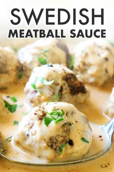 swedish meatball sauce on a spoon in a bowl with the words, how to make swedish meatball sauce