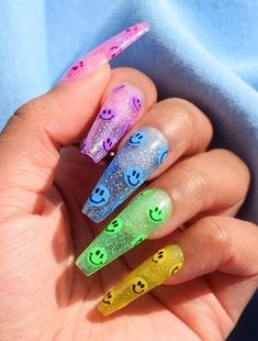 Emoji Nails, Nails Acrylic Coffin, Rainbow Nails Design, White Acrylic Nails, Really Cute Nails, Acrylic Coffin, Cute Rainbow