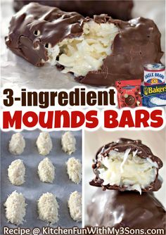 chocolate covered desserts with coconut on top and the words 3 ingredient mounds bars below