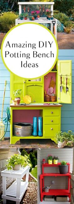 an old potting bench is transformed into a garden storage unit with painted drawers and shelves