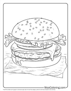 a hamburger with cheese and bacon on it is shown in this coloring page for kids