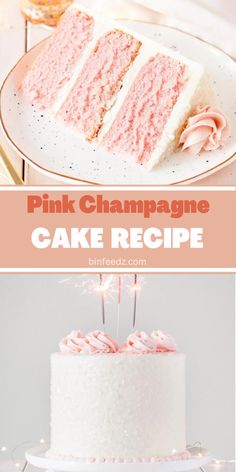 pink champagne cake recipe with white frosting and sprinkles on the top