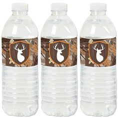 three bottles of water with deer heads on them