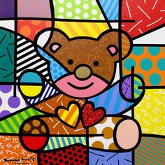 a painting of a teddy bear holding a heart in front of multicolored squares