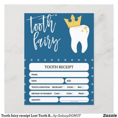 tooth fairy teeth receipt card with a crown on the front and blue background, which reads tooth fairy