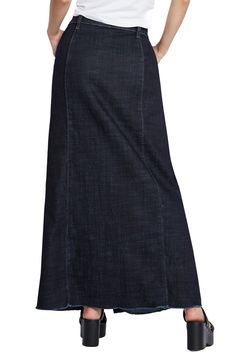 Upgrade your everyday aesthetic with this polished pencil skirt fashioned from stretch-softened denim with a raw hem. 38" length Unlined Cotton/REPREVE® recycled polyester/rayon/spandex REPREVE recycled polyester is made from 100% post-consumer recycled plastic bottles Machine wash, tumble dry Imported Classic Dark Wash Denim Skirt For Work, Classic Fitted Denim Blue Skirt, Medium Wash Straight Leg Denim Skirt For Work, Denim Straight Leg Skirt For Work, Fitted Denim Blue Straight Leg Skirt, Fitted Indigo Bottoms With Straight Hem, Classic Fitted Denim Skirt In Denim Blue, Dark Wash Straight Leg Skirt For Work, Denim Stretch Skirt For Work