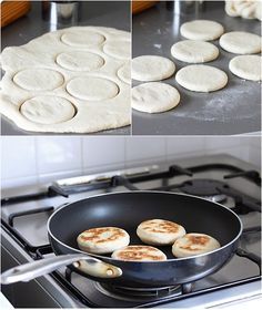 the process of making pita bread is shown in three different stages, including frying and cooking