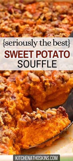 a casserole dish with sweet potato and pecans