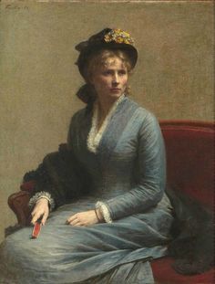 a painting of a woman in a blue dress and hat sitting on a red chair