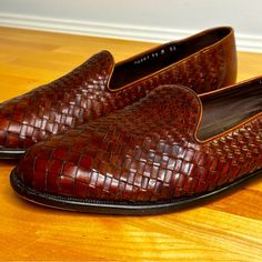 Gorgeous Vintage Italian Leather Weave Loafers Luxury Woven Leather Slip-on Loafers, Classic Business Loafers With Woven Sole, Classic Formal Moccasins With Woven Sole, Elegant Slip-on Moccasins With Woven Sole, Classic Woven Leather Slip-on Loafers, Classic Slip-on Woven Leather Loafers, Classic Loafers With Woven Sole And Almond Toe, Classic Woven Leather Loafers, Classic Woven Leather Loafers With Round Toe