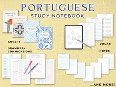 the portuguese study notebook is open and ready to be used for writing, notes, and more