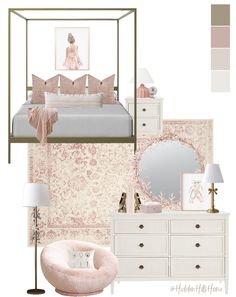 a bedroom with white furniture and pink accents