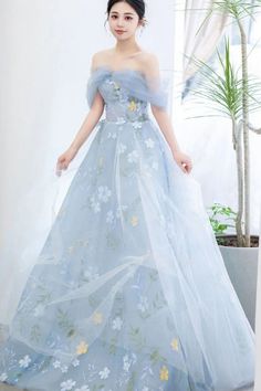 Light Blue Tulle Off the Shoulder Floral Long Prom Dresses, Light Blue Tulle Formal Graduation Evening Dresses #promdress #formaldress #promdresses #promdress2024 #eveningdress #bluepromdress #offtheshoulderdress #floraldress #promgown #formalgown #eveninggown #promfashion #promstyle #promnightdress Prom Dresses Light Blue, Dream Daughter, Prom Night Dress, Dresses Light Blue, Blue Tulle, Prom Style, Long Prom Dresses, Modest Fashion Outfits, Prom Dresses Blue