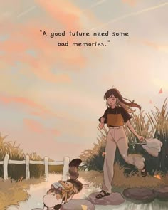 a girl is walking with her dogs in the grass and there is a quote on it