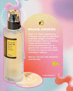 an advertisement for snail mucin on the side of a bottle with information about it