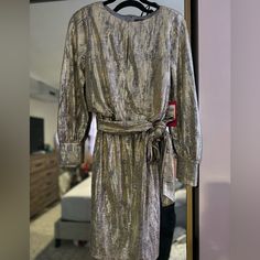 Nwt Gold Long Sleeve Dress Dress Length Is Above The Knee Elastic Waist Band With Matching Belt Gold Long Sleeve Dress For Work, Gold Long-sleeved Dress For Work, Long Sleeve Gold Dress For Work, Long Sleeve Tie Waist Cocktail Dress, Fall Cocktail Dress With Tie Waist, Gold Long Sleeve Dress, Metallic Knit, Vince Camuto Dress, Gold Dress