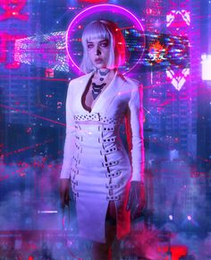 a woman standing in front of a neon cityscape with her hands on her hips