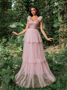 Rosa vieja Glamour,Fiesta Collar sin mangas Lentejuelas Liso A línea Embellished Elástico Ligero Primavera/Verano Tiered Tulle Skirt, Evening Gala, Wedding Dresses For Kids, Wedding Dress Sequin, Sequin Wedding, Glamorous Party, Formal Evening Dress, Dress Dusty, Tulle Gown