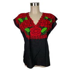 Beautiful Brand New Shirt From Mexico Embroidery Flowers Size Small-Medium Mexican Embroidered Shirt, Mexico Embroidery, Pretty Food, Rose Color, Embroidered Shirt, Embroidery Flowers, Black Red, Black And Red, Roses