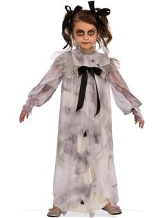 Does your little girl want to be a scary ghost for Halloween? We have the perfect ghastly Halloween costume. A Girl's Sweet Screams Costume will cause everyone to scream with fright. The creepy child's spirit dress has spiders designed through the outfit and a black bow to tie it all together. Order a Girl's Sweet Screams Costume in time for Halloween. Halloween Apartment, Scary Cosplay, Scream Costume, Giraffe Costume, Halloween Unique, Ghost Halloween Costume, Mens Halloween, Haunted Doll, Scary Doll