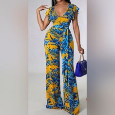 New Floral Short Sleeve Stretch Jumpsuit Fitted, Stretch Jumpsuit, Overall Jumpsuit, Backless Jumpsuit, Short Sleeve Jumpsuits, Jumpsuits And Romper, Plus Size Jumpsuit, Yellow Print, Jumpsuit With Sleeves