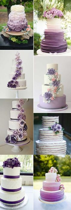 many different types of wedding cakes with purple flowers on each tier and white frosting