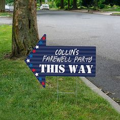 a sign that says coolin's farewell party this way next to a tree