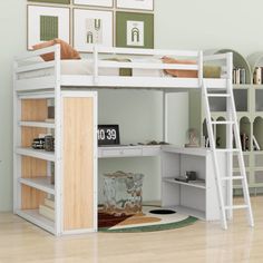 a white bunk bed sitting on top of a hard wood floor next to a book shelf