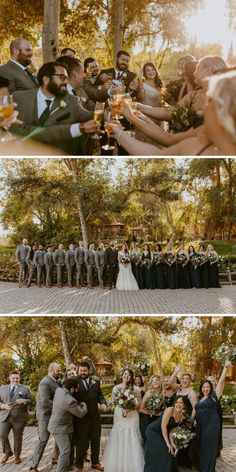 a group of people standing around each other in front of trees and holding glasses with champagne