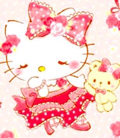 a hello kitty holding a teddy bear and wearing a pink dress with flowers on it