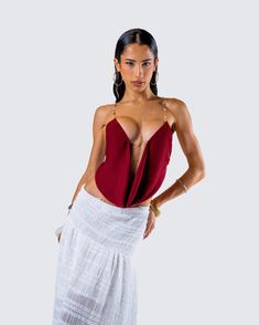 When you’re a crystal girlie and also a baddie ❤️ Featuring a crystal stone chain trim and a draped low cowl neck, this burgundy backless top made from double georgette fabric is the perfect look for all of our babes who serve nothing but good looks and good vibes 😜 Elegant Red Halter Top For Night Out, Chic Burgundy Party Top, Chic Red Backless Top, Chic Burgundy Tops For Party, Cowl Top, Black Off Shoulder, Backless Top, Graphic Top, Georgette Fabric