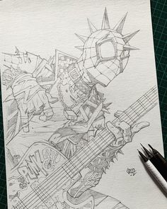 a pencil drawing of a guitar with an image of the statue of liberty in the background