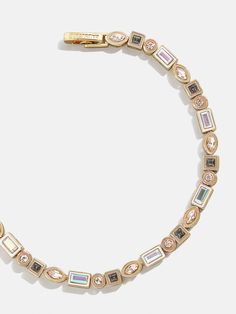 The Kayden Bracelet in neutrals is crafted in a chic, muted color palette. Mixed-shape, iridescent gems are bound together to create an extra interesting eternity bracelet design. Each is topped off with neutral-toned enamel, ensuring that this piece will go with every single outfit you put together. Bar Bracelet, 14k Gold Friendship Bracelet, Two Toned Jewelry, Gold Medallion Necklace, Eternity Bracelet, Twisted Metal, Gold Medallion, 18k Gold Earrings, Muted Color Palette