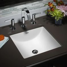 a white sink sitting on top of a black counter next to a flower vase and two faucets