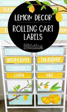 the lemon decor rolling cart labels are on display in front of a white cabinet with yellow and