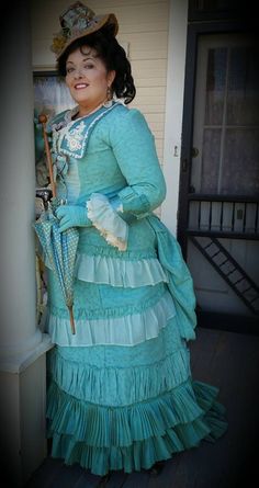 Another 1880's confection in seafoam and teal, straw chapeau is also made by me on one of my antique straw sewing machines. Bustle Dresses, Victorian Bustle, Dress And Gloves, Bustle Dress, Sewing Machines, Victorian Era, Victorian Fashion, Made By Me, Vintage Clothing