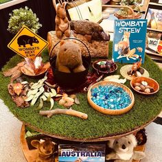 a table topped with lots of stuffed animals and other items on top of green grass