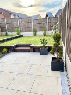 an empty backyard with some plants in the middle