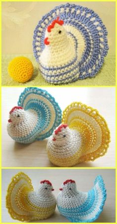 crocheted chickens are shown in three different colors