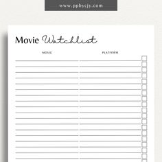 a printable movie schedule is shown with the words movies written in black and white