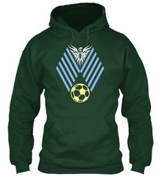 a green hoodie with a soccer ball and an eagle on the front, in blue stripes