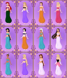 the disney princesses are all dressed up in their dresses