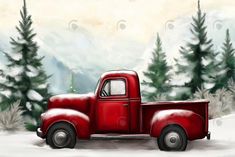 an old red truck is parked in the snow near some evergreen trees and mountains on a snowy day