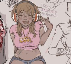 a drawing of a girl with headphones on her ears and an earphone in her hand