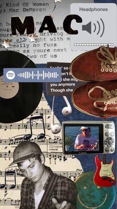 a collage of music related items including an old record player, guitar, and headphones