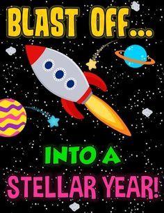 an image of a birthday card with a rocket ship and planets in the background that says blast off into a stellar year