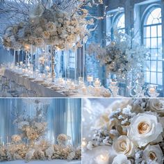 the wedding table is decorated with flowers, candles and crystal vases for centerpieces